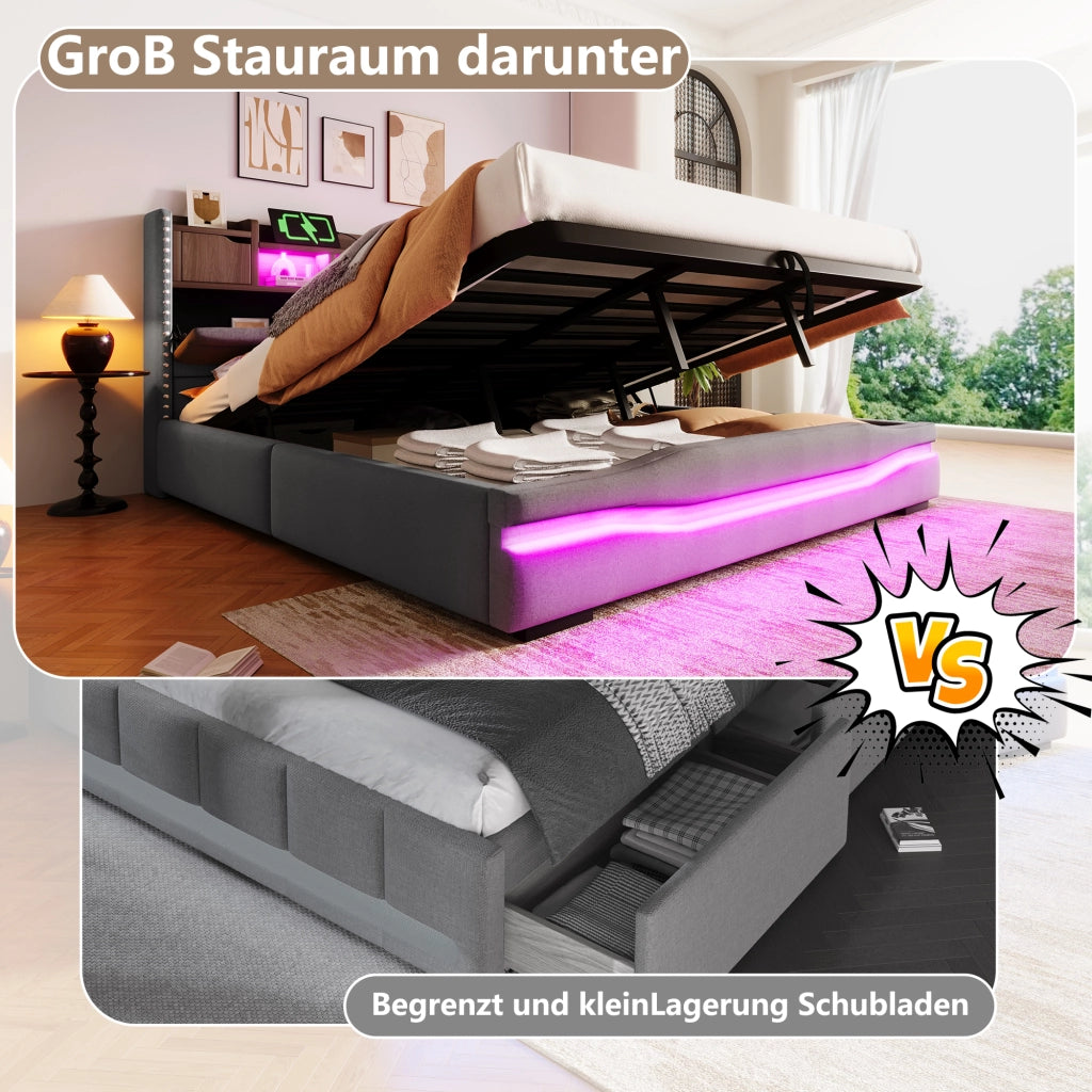 Letto imbottito grigio 180x200 con USB-C LED testiera con vano sollevamento idraulico