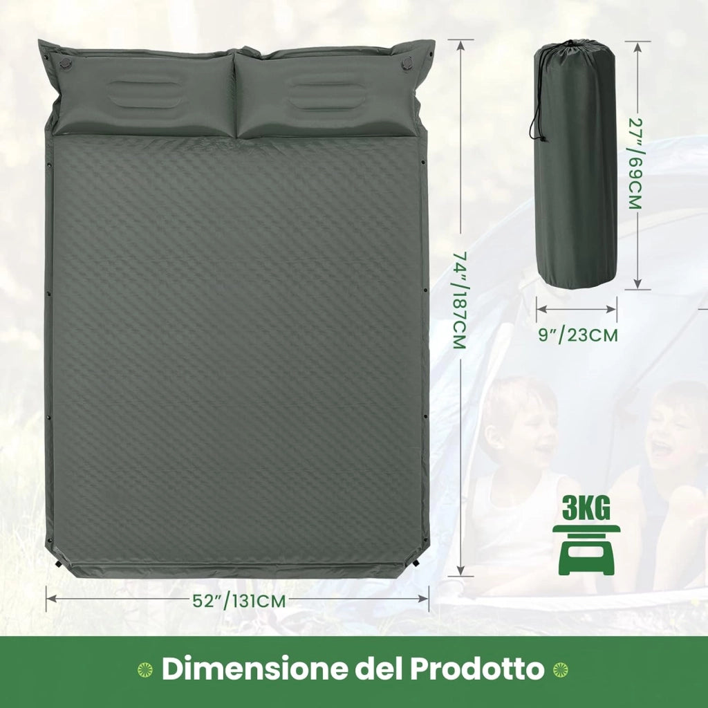 Materassino Campeggio Autogonfiabile per 2 Persone, Materassino da Campeggio Doppio con Cuscino, Veloce da Gonfiare e Sgonfiare, Impermeabile, per Spiaggia, Montagna e Campeggio (Verde Scuro)