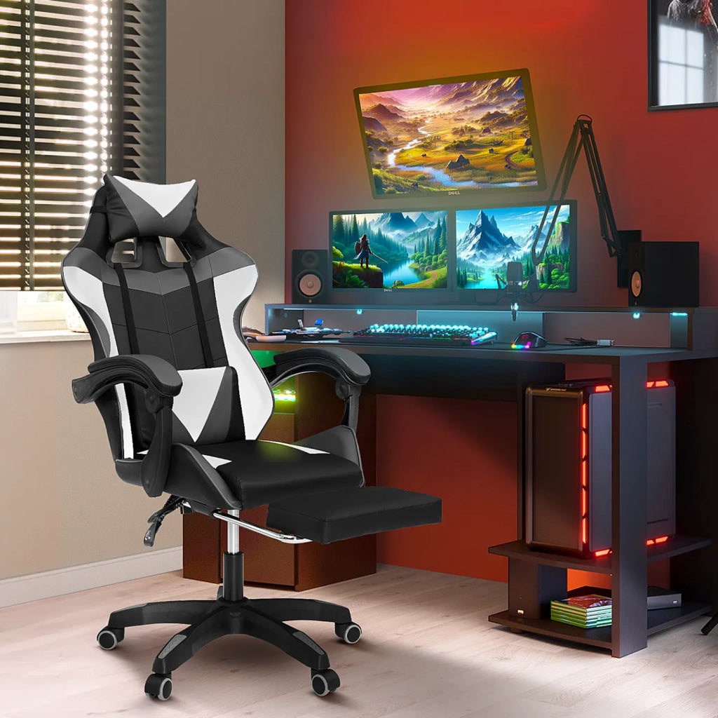 IDMarket - Silla de juego ALEX regulable con reposapiés, reposacabezas y cojines lumbares en negro, blanco y gris