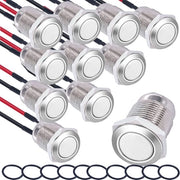 Pomelli Acqua Resistente 10x - RVS, 12mm, Preinstallati, Interruttore 2A/12V/24V/125V/250V
