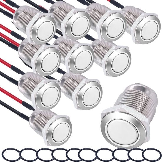 Pomelli Acqua Resistente 10x - RVS, 12mm, Preinstallati, Interruttore 2A/12V/24V/125V/250V