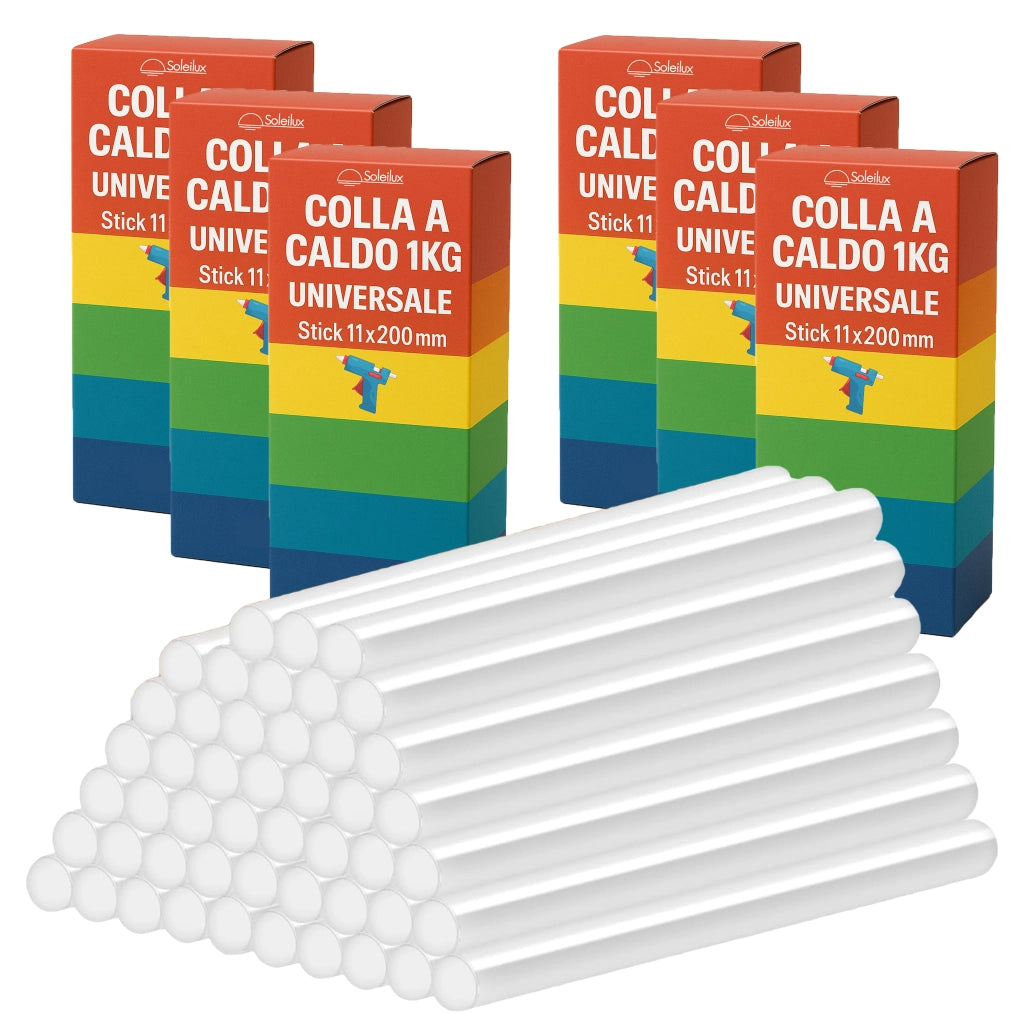6 x 1kg Stick Colla a Caldo Universale - 11x200mm, Trasparente, Compatibile con Pistole Standard, Forte Adesione per Legno, Plastica, Tessuti e Fai da Te