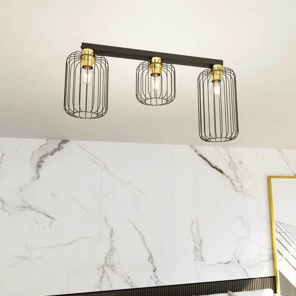 Plafoniera loft a gabbia su barra nera/oro 3xE27 Emibig