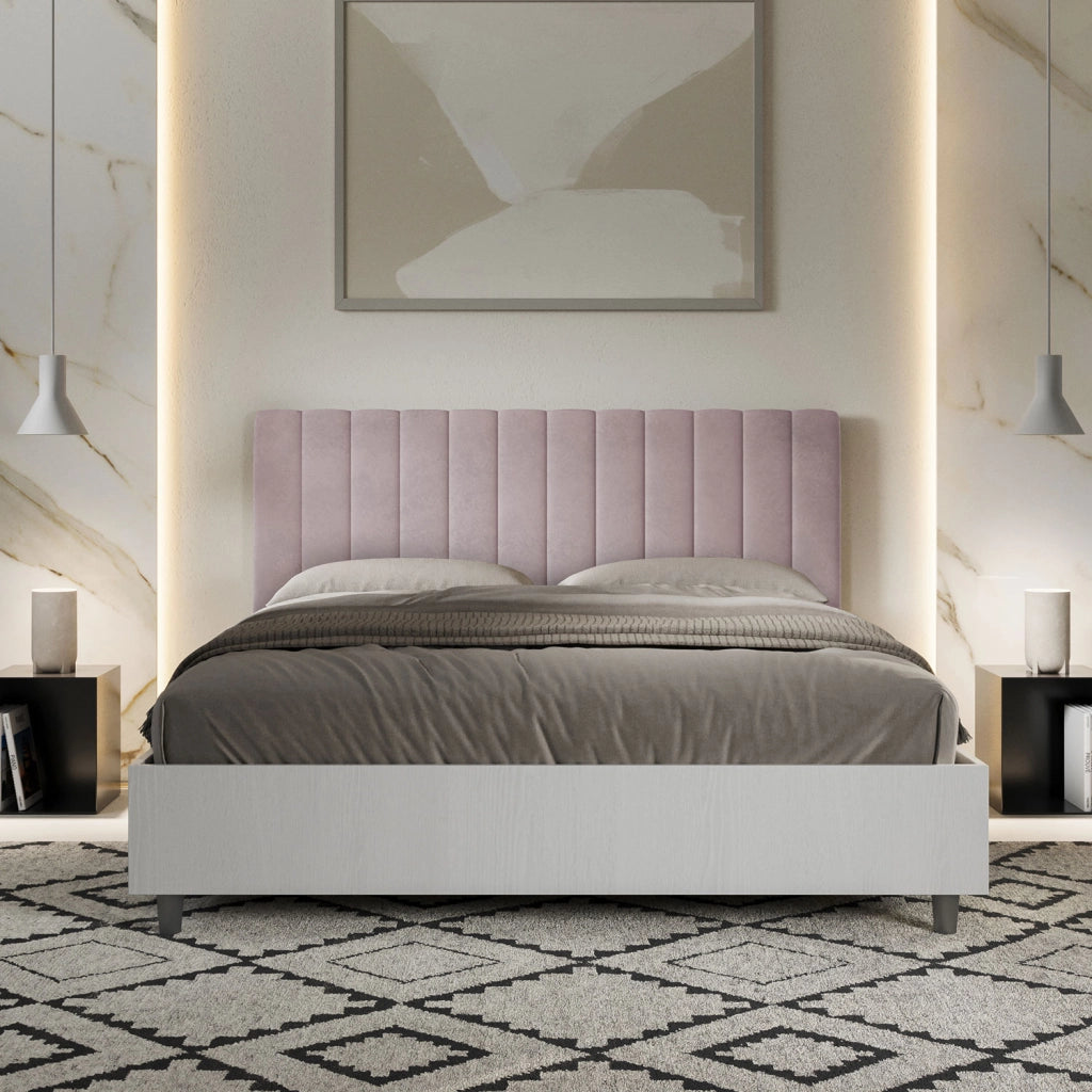 BS COM Letto matrimoniale contenitore 160x200 bianco frassino testata microfibra glicine
