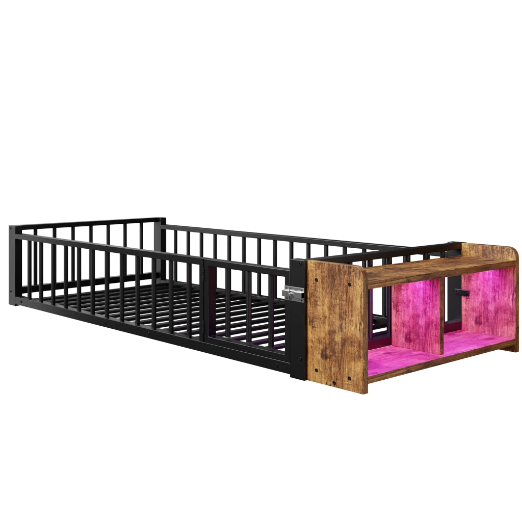 LETTO 90x200 cm in metallo e MDF con sponda, vano aperto e LED, nero