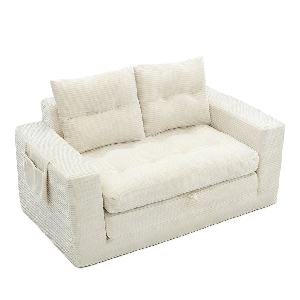 Divano letto a due posti in velluto a coste beige con tasche laterali e portabicchiere