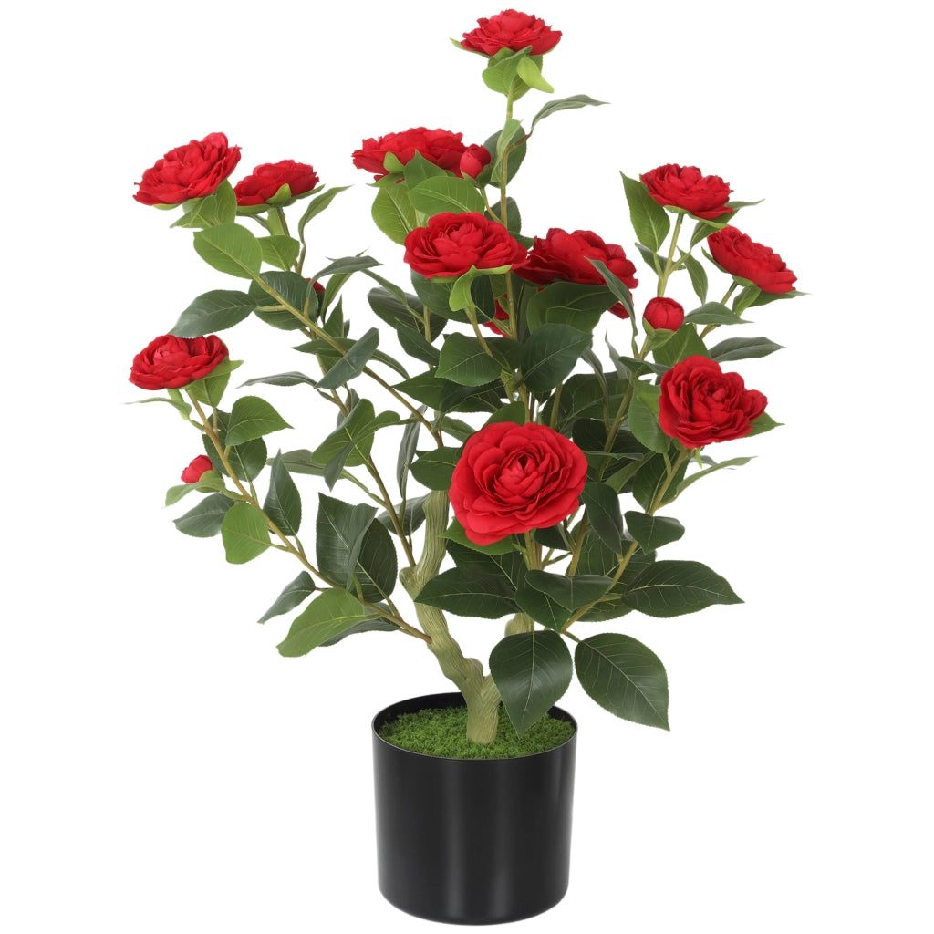 Pianta Artificiale Camelia 65 cm ¨C Xylo ¨C Fiori Seta Rosso con Muschio 116 Foglie