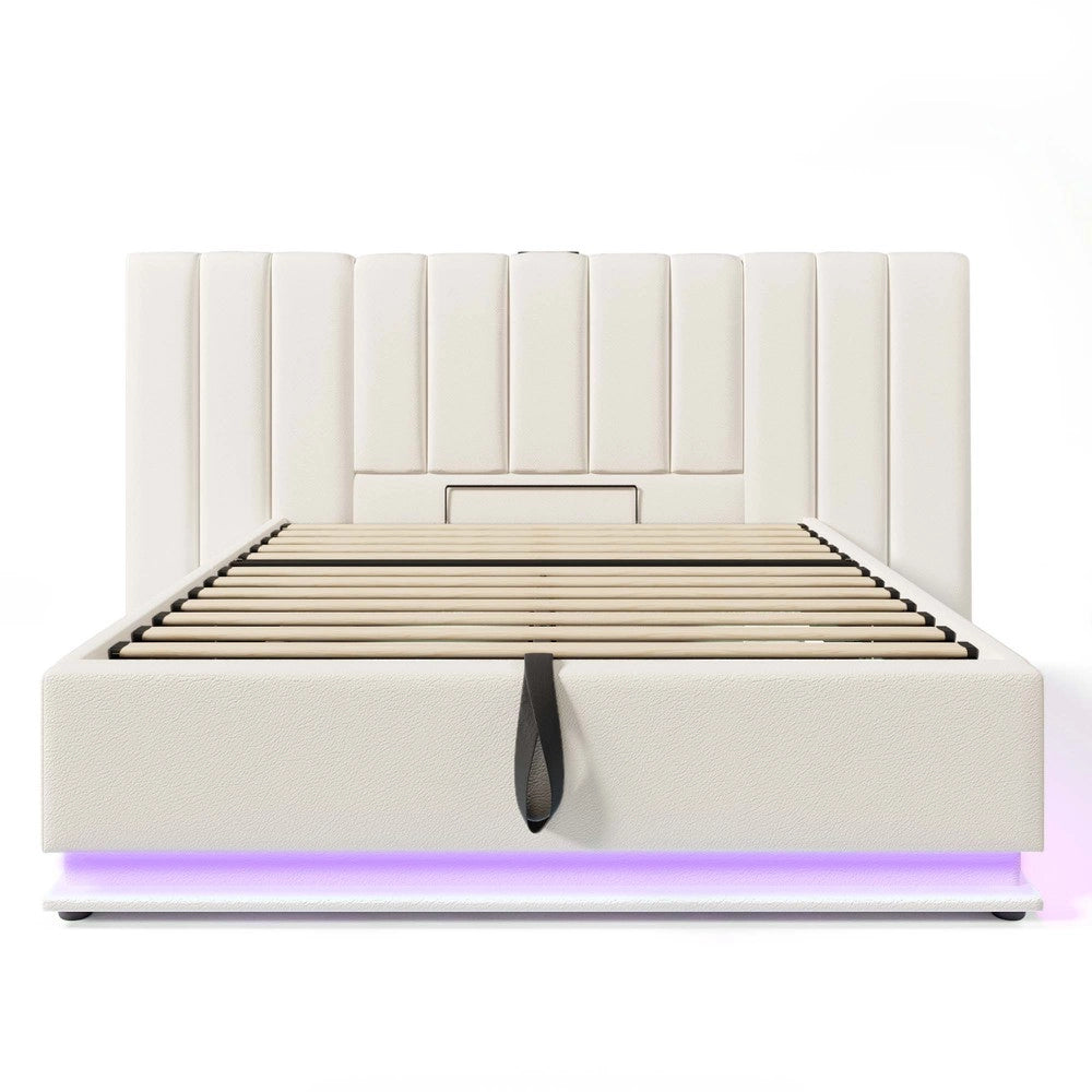 Letto Imbottito Contenitore Matrimoniale con LED e USB ¨C MINIMAL ¨C PU Bianco 180x200