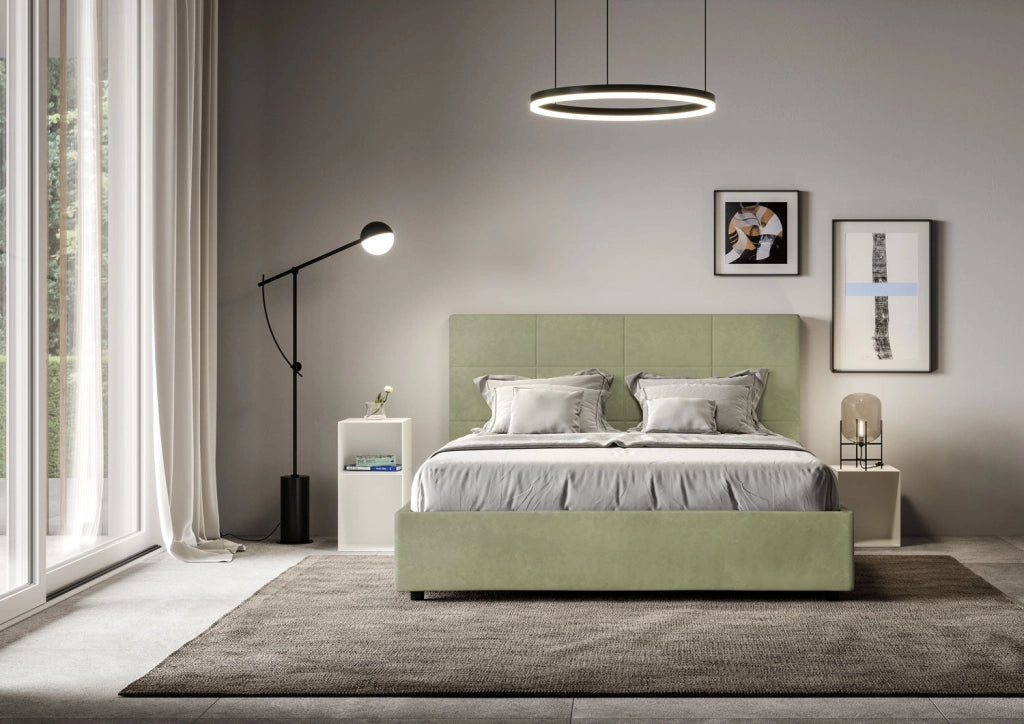Letto queen size contenitore imbottito 150x200 microfibra glicine Mika