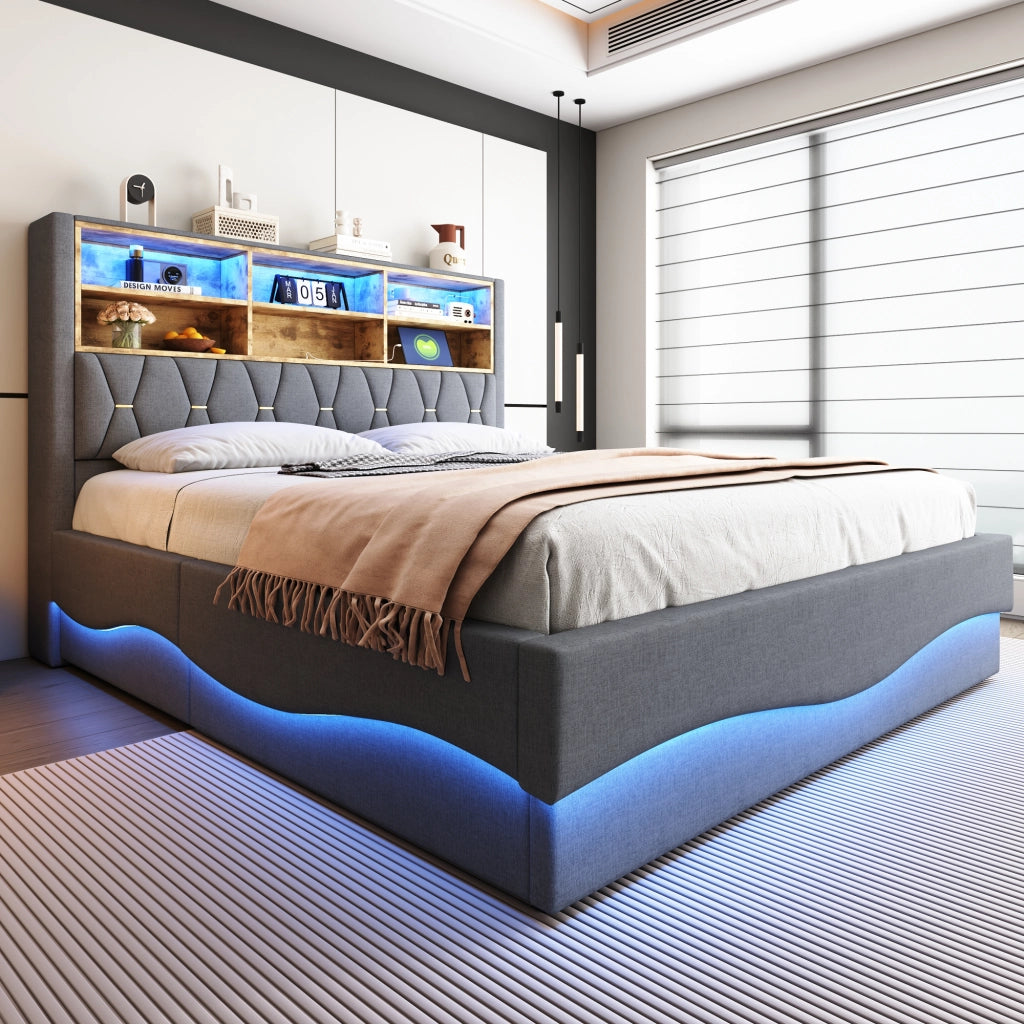 LETTO 180x200 cm con contenitore idraulico, LED APP e USB, Grigio