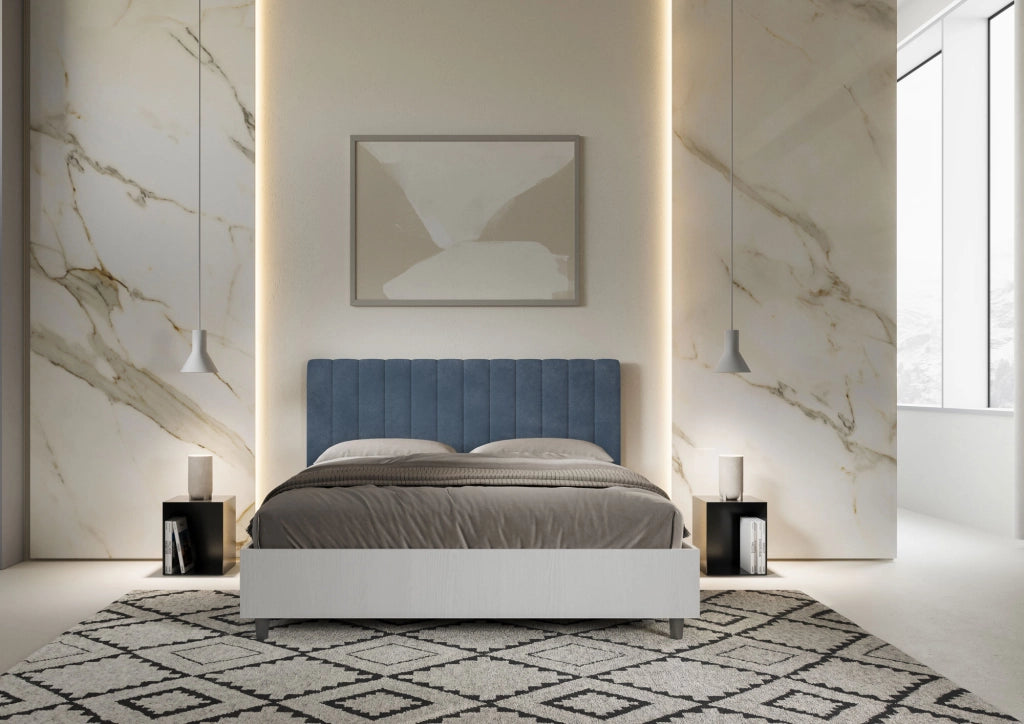 BS COM Letto matrimoniale contenitore 160x200 bianco frassino testata microfibra blu