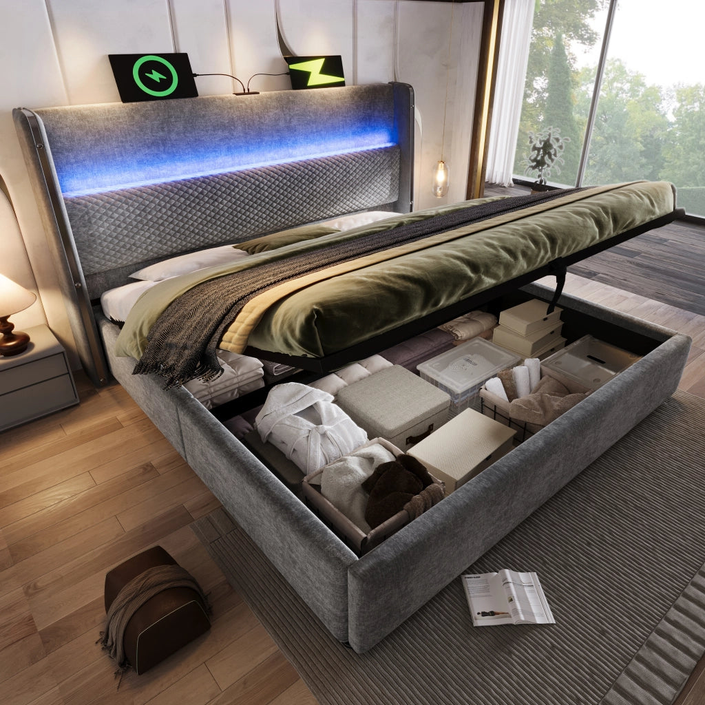 Letto contenitore 140 × 200 cm con testiera alta, LED, USB e Type-C, materasso incluso, grigio