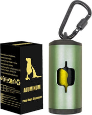 Supporto per sacchetti di immondizia per cani - Dispensatore di sacchetti di immondizia in alluminio con sacchetti per cani - 3 fissaggi a cinghia e corda elastica per sacchetti usati - Verde scuro - 1 supporto - 15 sacchetti