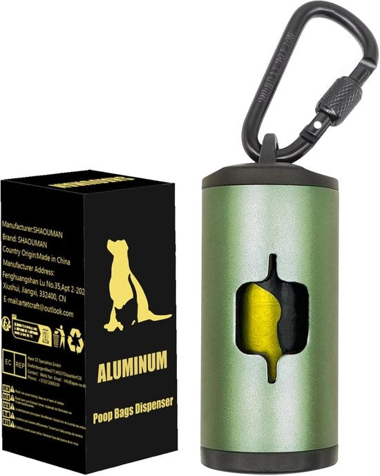 Supporto per sacchetti di immondizia per cani - Dispensatore di sacchetti di immondizia in alluminio con sacchetti per cani - 3 fissaggi a cinghia e corda elastica per sacchetti usati - Verde scuro - 1 supporto - 15 sacchetti
