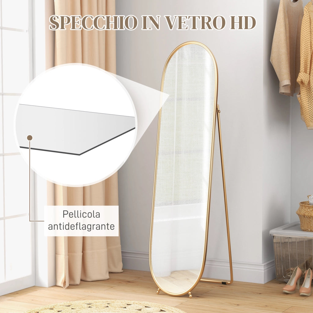 Specchio da Terra Ovale con Supporto ¨C Minimal ¨C Vetro Metallo Oro 40x41x159