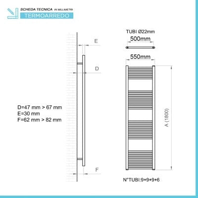 Scaldasalviette termoarredo bianco L 55x170 interasse 50 cm