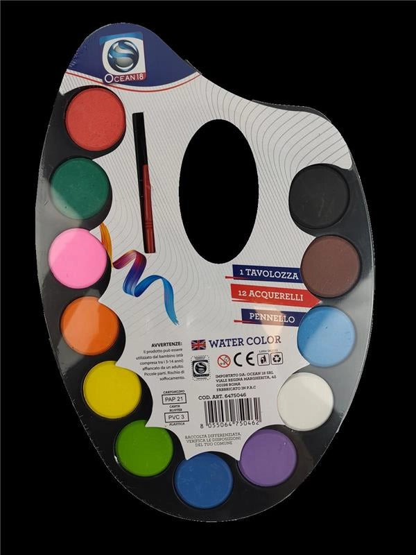 TAVOLOZZA CON 12 ACQUARELLI WATER COLOR E PENNELLO