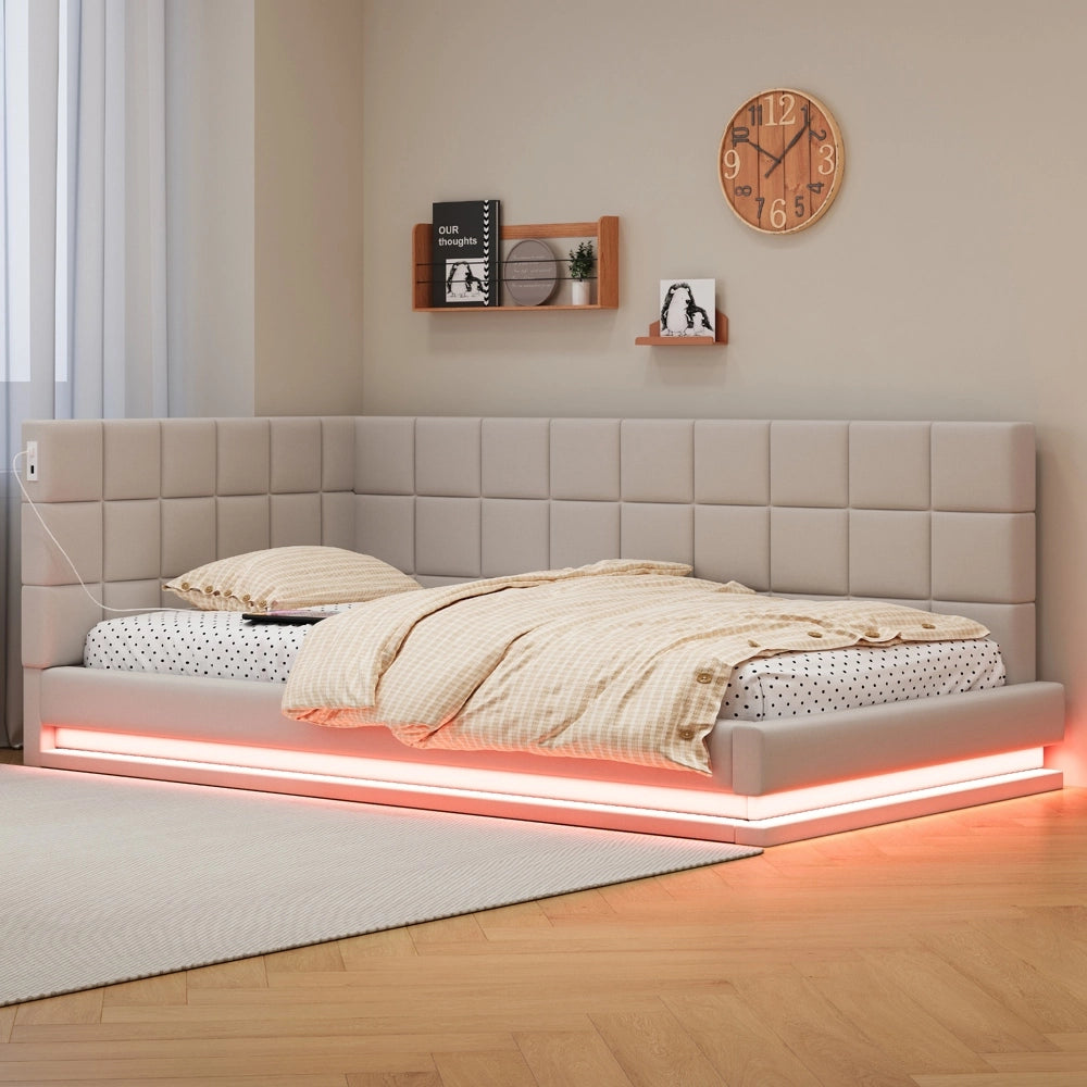 Divano letto 90x200cm - Xylo - velluto beige, LED, USB, doghe