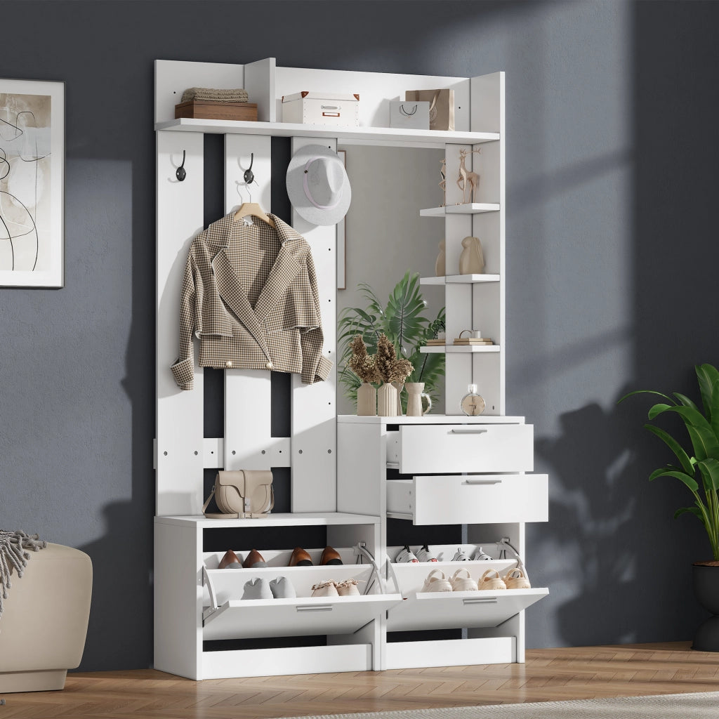 Appendiabiti con specchio; 2 cassetti; 2 scarpiere; 3 ganci e ripiani per ingresso 110 Ã— 34 Ã— 185 cm