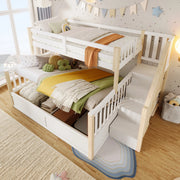 OKWISH Letto a Castello 90×200 cm e 140×200 cm, Letto 3 Posti con Contenitore Idraulico, Scala con Contenitori e Sponde, senza Materasso, Bianco e Naturale