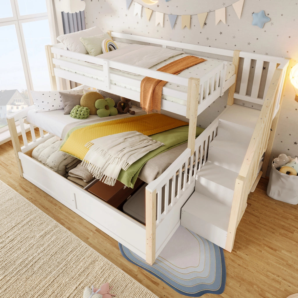 OKWISH Letto a Castello 90×200 cm e 140×200 cm, Letto 3 Posti con Contenitore Idraulico, Scala con Contenitori e Sponde, senza Materasso, Bianco e Naturale