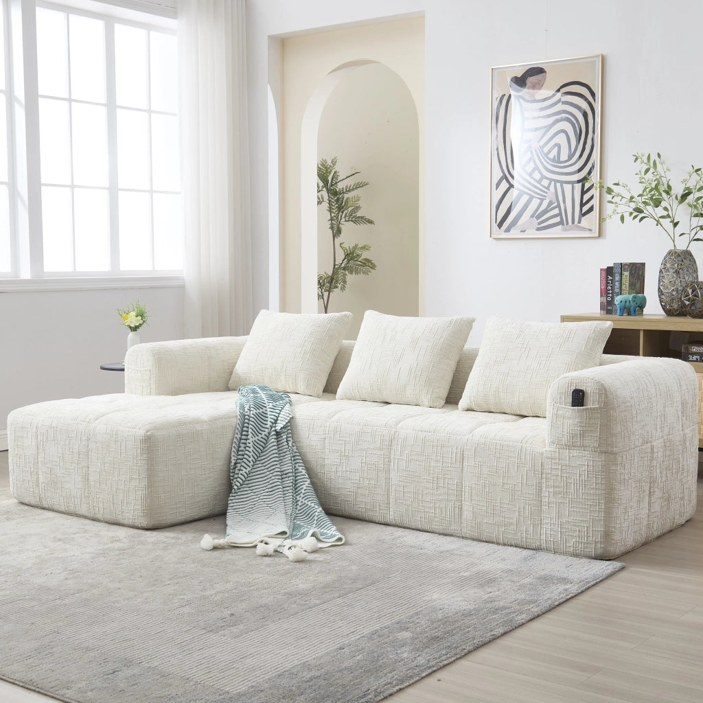 Divano Angolare 3 Posti con Chaise Longue ¨C MINIMAL ¨C Chenille Beige, Cuscini, Braccioli