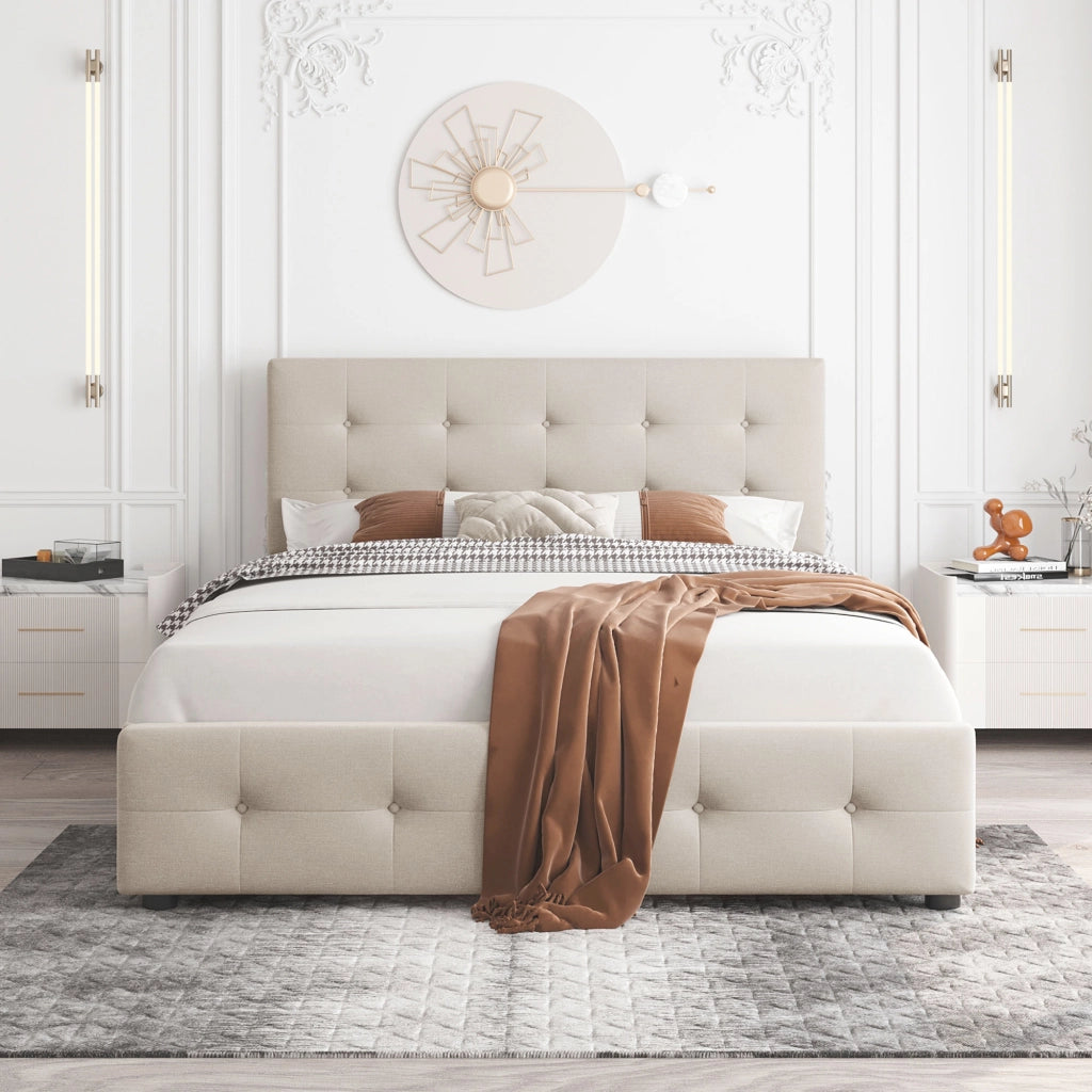 Letto matrimoniale imbottito; 140x200cm; cassetti Testiera Pelle Friendly; Beige