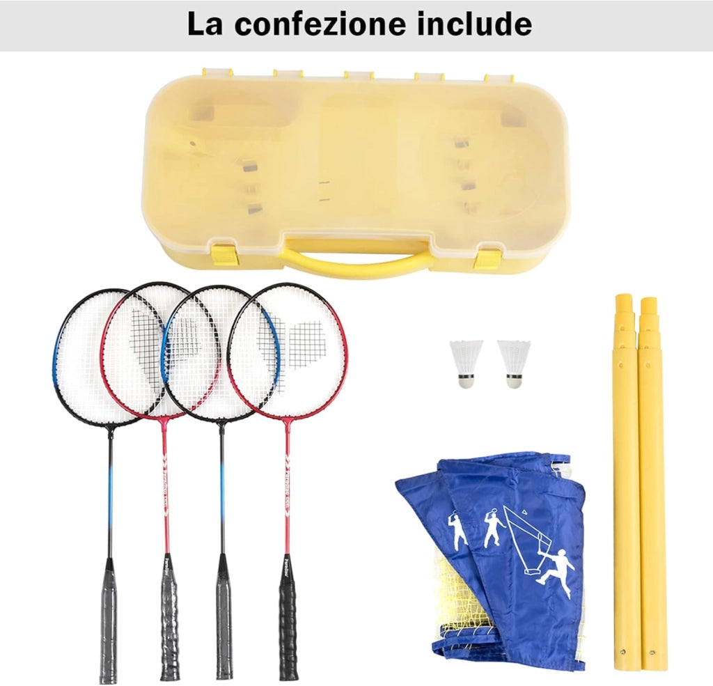 Set Rete da Badminton Portatile, con 4 Racchette e 2 Volani, Rete da Tennis Pallavolo 3 x 1,5m, Montaggio Facile, Set Completo per Spiaggia Parco Cortile