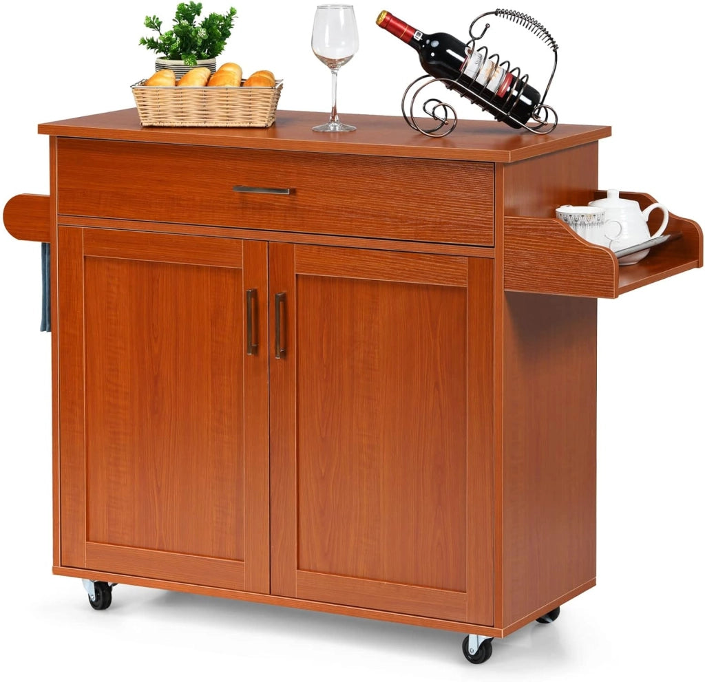 Carrello da Cucina con Ruote di Gomma, Scaffale per Microonde Carrello Servizio, Mobile Cucina con Ripiani e Ante, Credenza Cucina Legno Moderno Elegante, 116 x 37 x 85 cm (Marrone)