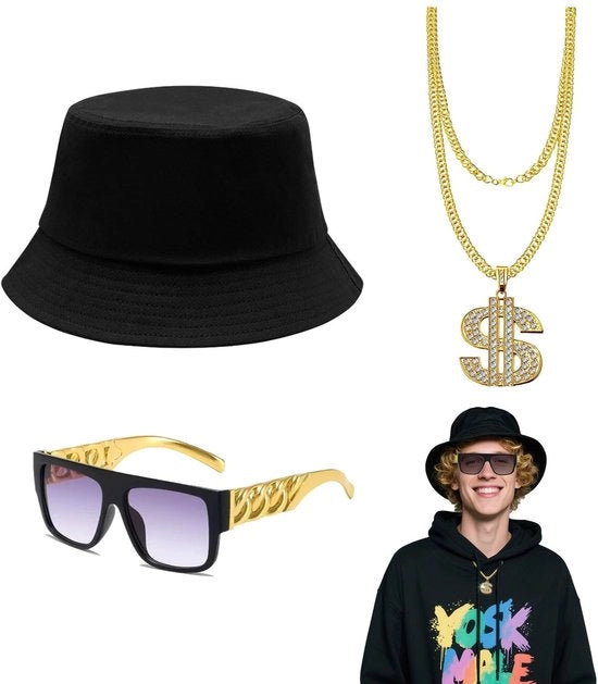 Costume hiphop 3 pezzi - Accessori costume hiphop - Collana a catena - Occhiali da sole - Cappello a secchietta - Materiale: poliestere/lana