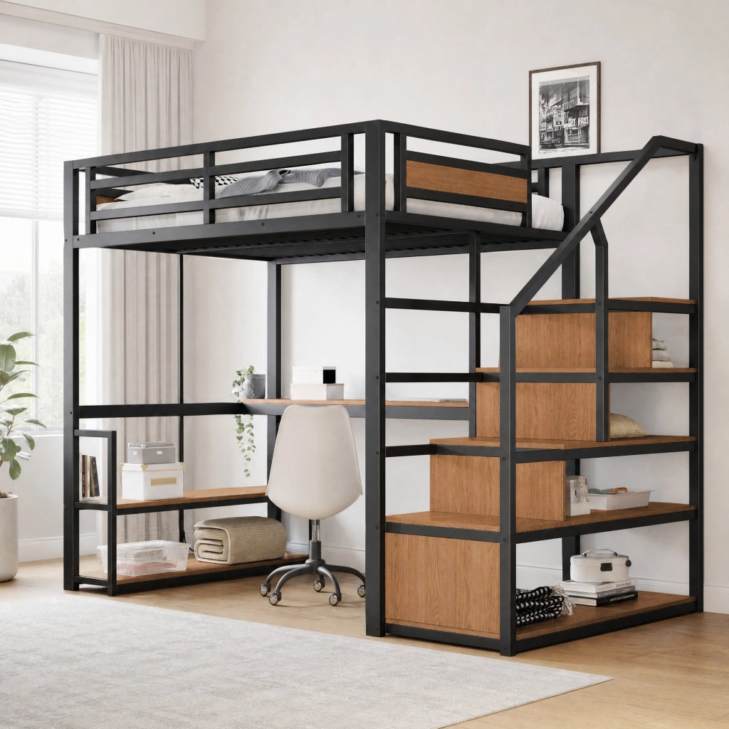 Letto a soppalco in metallo 140x200 cm nero con scale contenitore, ripiani e scrivania