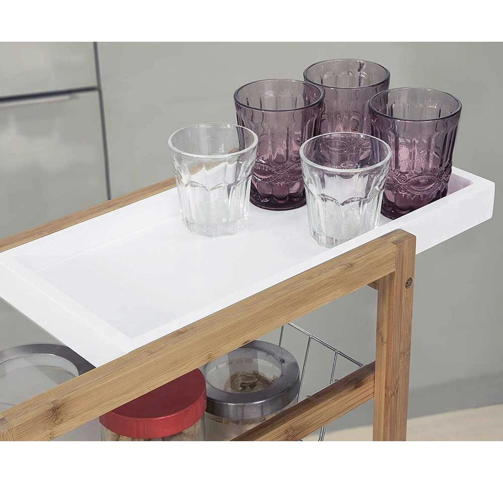 Carrello Cucina Slim Salvaspazio in Bambù con ruote 3 Cestelli e Vassoio