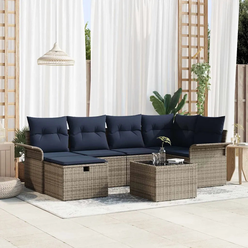 Set Divano da Giardino 7 pcs Grigio e Blu Navy polyrattan 3358894