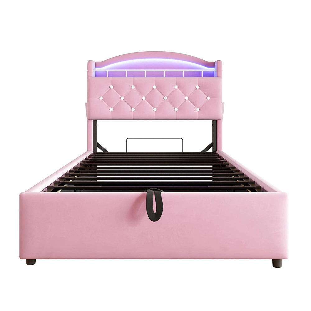 Letto bambino-Xylo-90x200 cm-LED, USB, spazio idraulico, velluto rosa