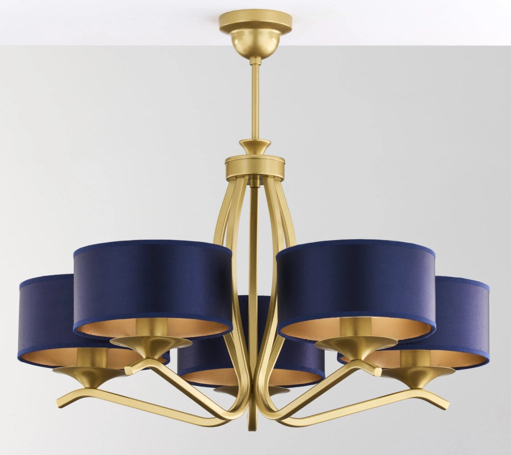 Lampadario classico oro 5 luci paralumi blu E27 Jupiter