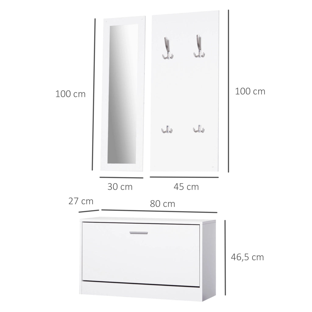 Set Ingresso 3 Pezzi Scarpiera Specchio Appendiabiti ¨C Minimal ¨C Bianco 80x27x46,5cm