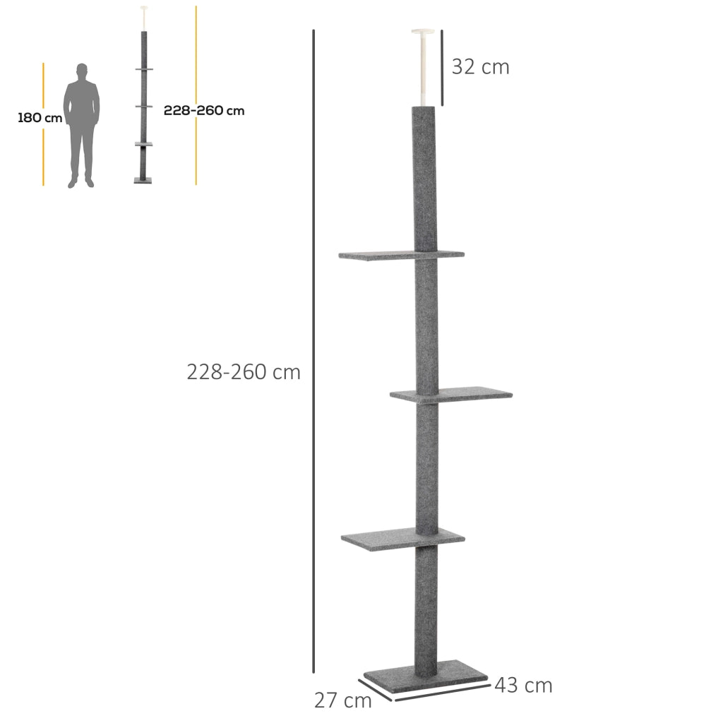 EasyComfort Albero Tiragraffi per Gatti a 4 Livelli con Altezza Regolabile, Grigio, 43x27x228-260cm