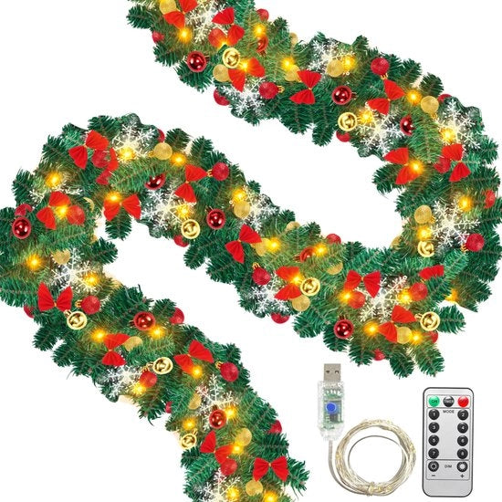 Guirlande di Natale a LED con illuminazione USB, guirlande di agrifoglio verde con palline e lampioni, decorazione per interni di Natale, matrimonio e festa, per tenda da camino e trappeto, 5m.