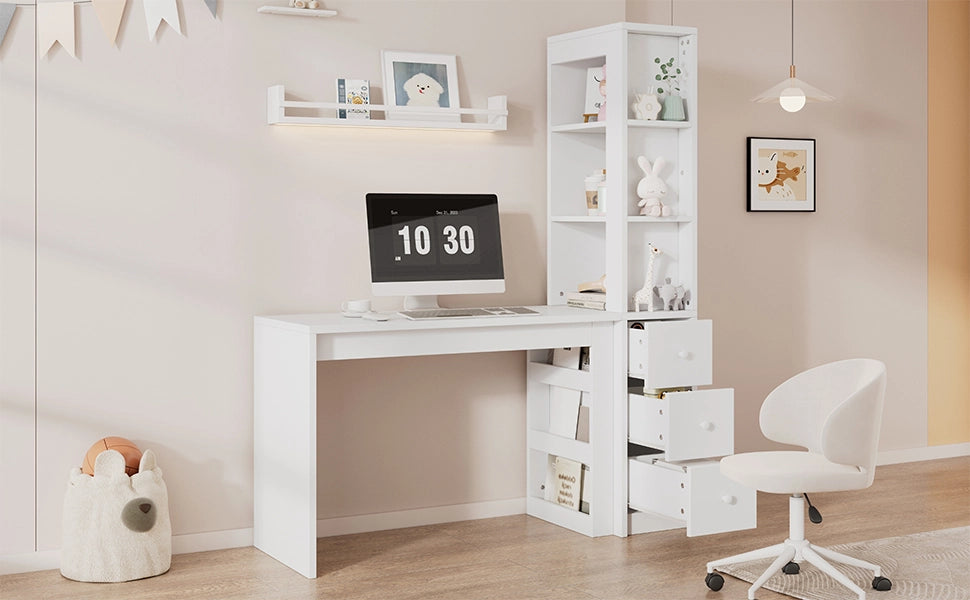 Scrivania lineare con libreria, 3 cassetti e mobile laterale, per studio e lavoro, bianco