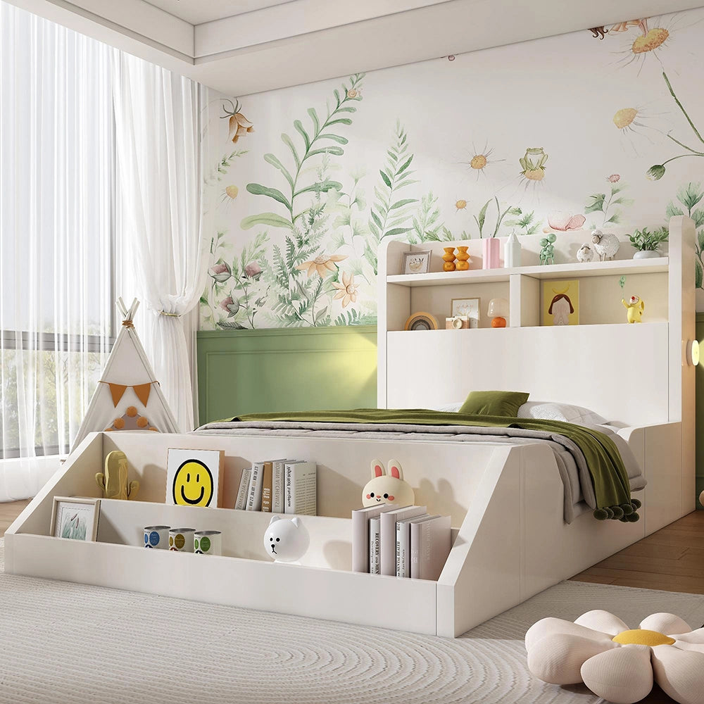 Letto legno-Xylo-90x200cm ripiani luci biblioteca bianco senza materasso