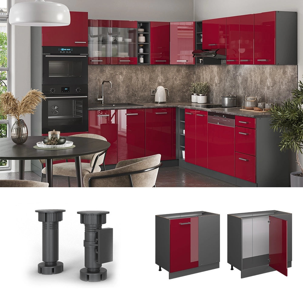 Mobile ad angolo cucina R-Line Rosso lucido/Antracite 86 cm, PL Rovere Vicco