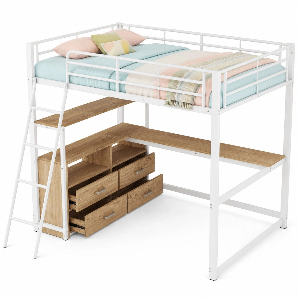 LETTO A CASTELLO 140x200 cm con scrivania a L, cassetti, MDF e metallo, bianco