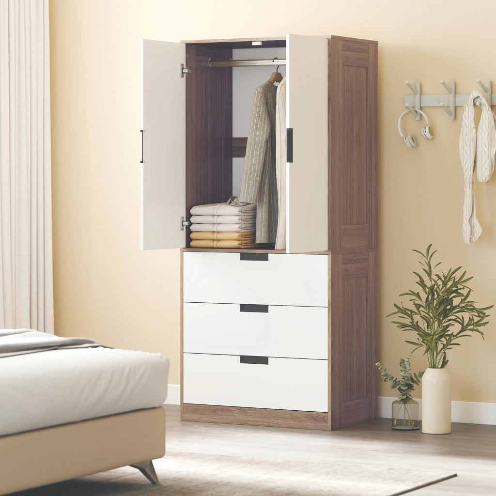 Armadio a 2 ante con 3 cassetti e appendiabiti ¨C Minimal ¨C marrone