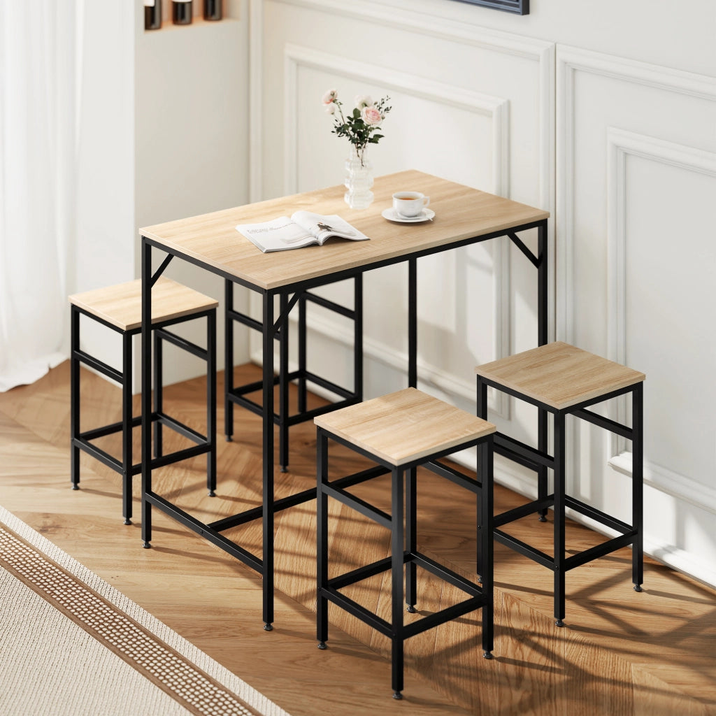 Set tavolo da bar con 4 sgabelli ¨C Xylo ¨C legno rovere chiaro, telaio metallo nero