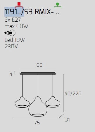 SOSPENSIONE BIANCO 3 LUCI RETTANGOLARE VETRI (1 X PICCOLO RU + 1 X PICCOLO ZA + 1 X GRANDE RU) 1191BI-S3 RMIX-ZR