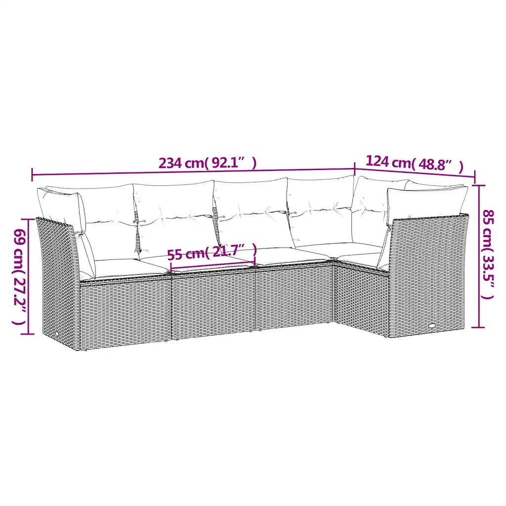 Set Divano da Giardino 5pz con Cuscini Grigio Chiaro Polyrattan