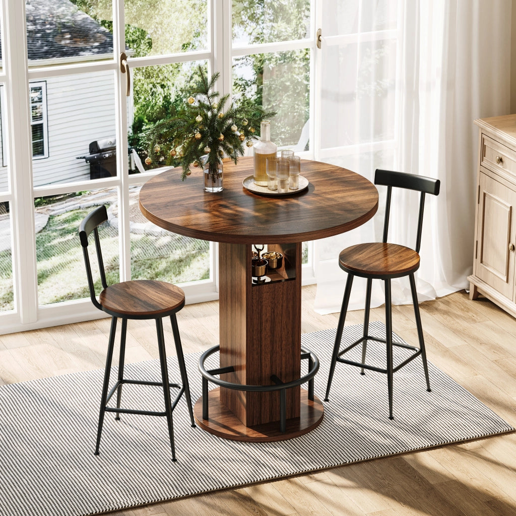 TAVOLO BAR ROTONDO 80 cm Noce Set 3 pezzi con 2 sgabelli