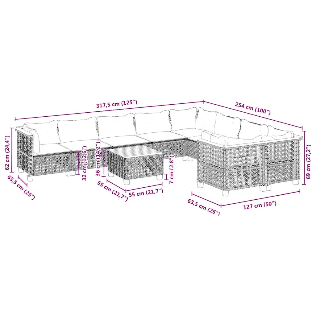 Set Divano da Giardino 10 pz con Cuscini Beige in Polyrattan 3262012