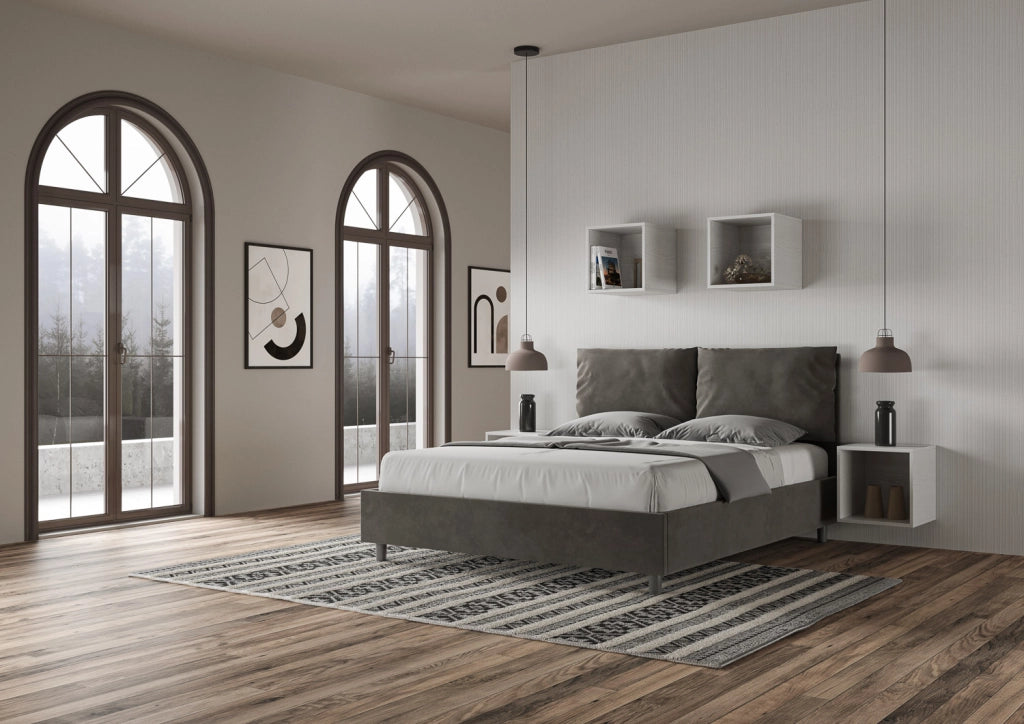 BS COM Letto queen size con rete imbottito 150x200 microfibra grigio