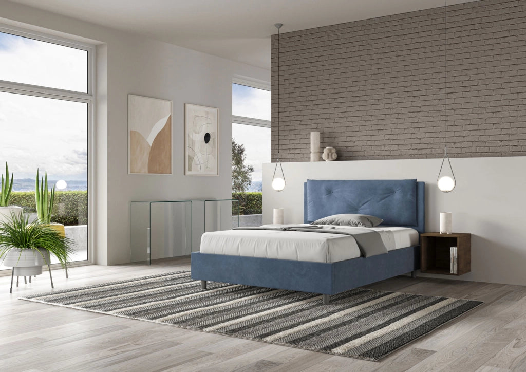 BS COM Letto matrimoniale francese contenitore imbottito 140x210 microfibra blu Large